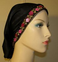 Black Peach Skin Pink Jeweled Jacquard Band Snood Headcovering