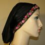 Black Peach Skin Pink Jeweled Jacquard Band Snood Head Covering