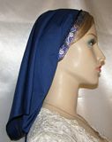 Navy Batiste Jacquard Band Tiechel Headcovering - tied underneath