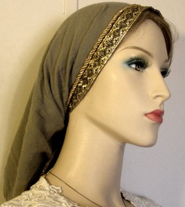 Olive Gauze Cotton Jacquard Band Snood Headcovering - Ties