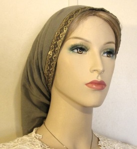 Olive Gauze Cotton Snood Gold Jacquard Band Headcovering