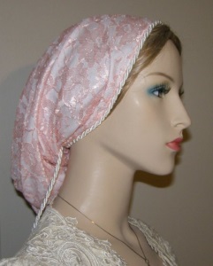 Peach Lace White Lined Snood Headcovering