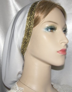 White Poly Blend Gold Jacquard Band Snood Headcovering