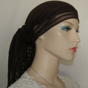 Tied in Alicia Keys Scarf Style Brown Voile Mitpachat Head Covering Brown Striped Voile Alicia Scarf Style Mitpachat