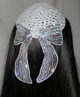 White Crochet Kippah White Sequin Organza Bow