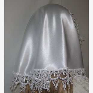 White Crepe Satin Trimmed Scarf White Crepe Satin Tiechel with Israeli Venise Trim