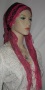 Pink Tichel with Black, Gold Design Lace Sari Head Band