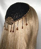 Black Kippah Black Gold Cording Amber Bugle Beading