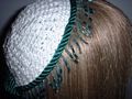 White Crochet Kippah Turquoise Fringe Beading