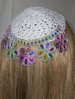 Crochet Kippah with Multi Color Sequin Floral Applique