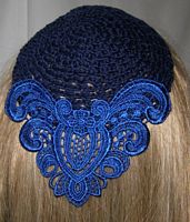 Navy Kippah with Sapphire Venise Applique
