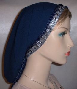 Navy Peach Skin Snood Tichel Head Covering Jacquard Band Trim