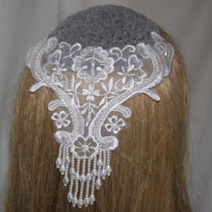Gray Chenille Kippah Large White Pearl Applique
