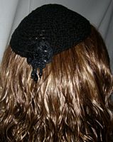 Black Crochet Kippah with Small Floral Beaded Tassel