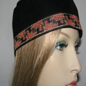 Black Suede Kippah Black Red Design Band Trim
