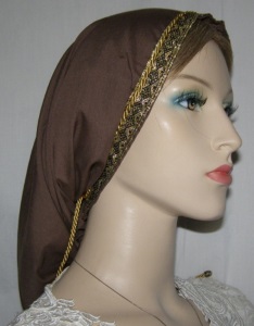 Brown Batiste Snood Gold Jacquard Ribbon Band