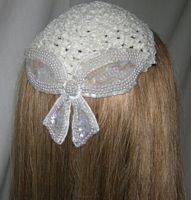 Ivory Chenille Kippah Ivory Pearl & Sequin Applique