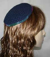 Teal Crochet Kippah with Multi Colored Edge