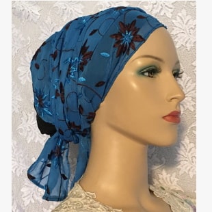 Embroidered Designed Sheer Mitpachat Turquoise Brown Embroidery Sheer Wrapping Scarf