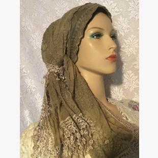 Venise Trimmed Embroidered Designed Sheer Mitpachat Khaki Venise Sheer Wrapping Scarf